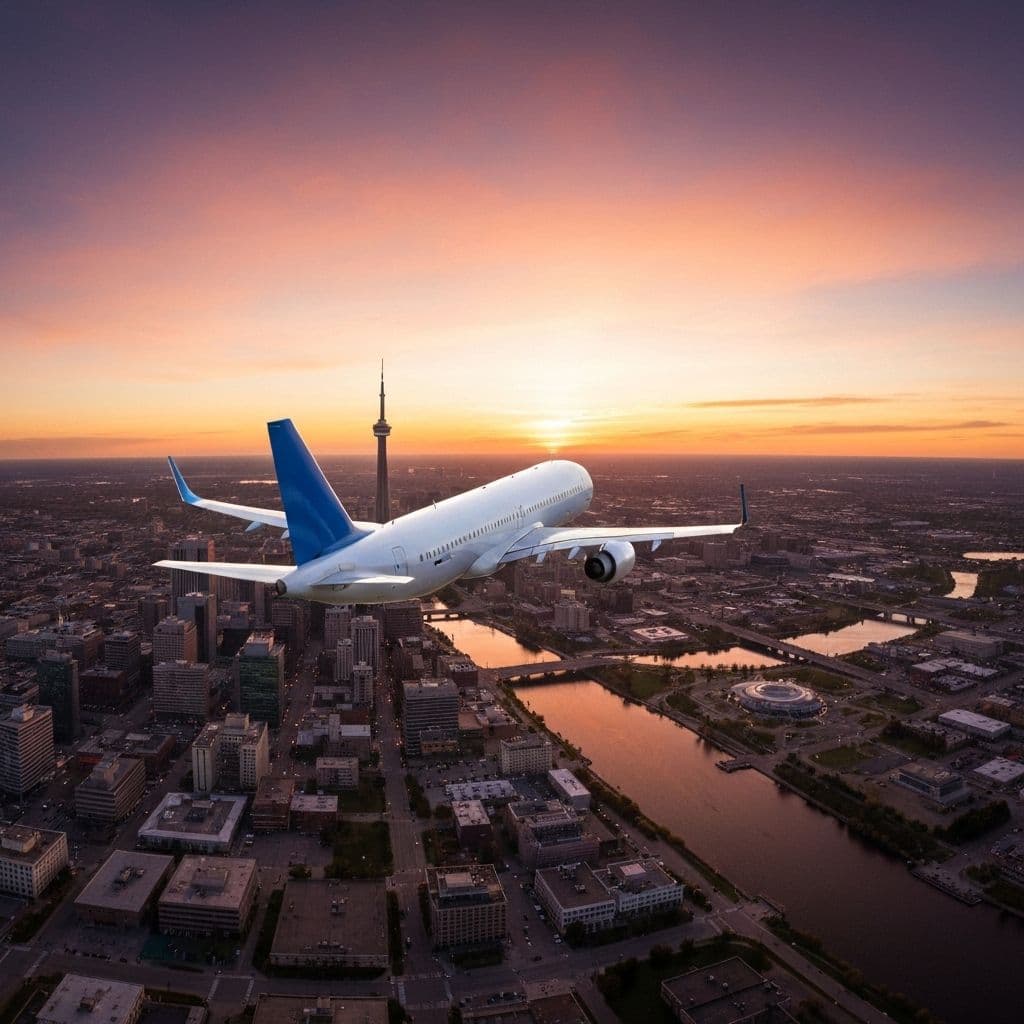 Airplane flying over Winnipeg skyline at sunset